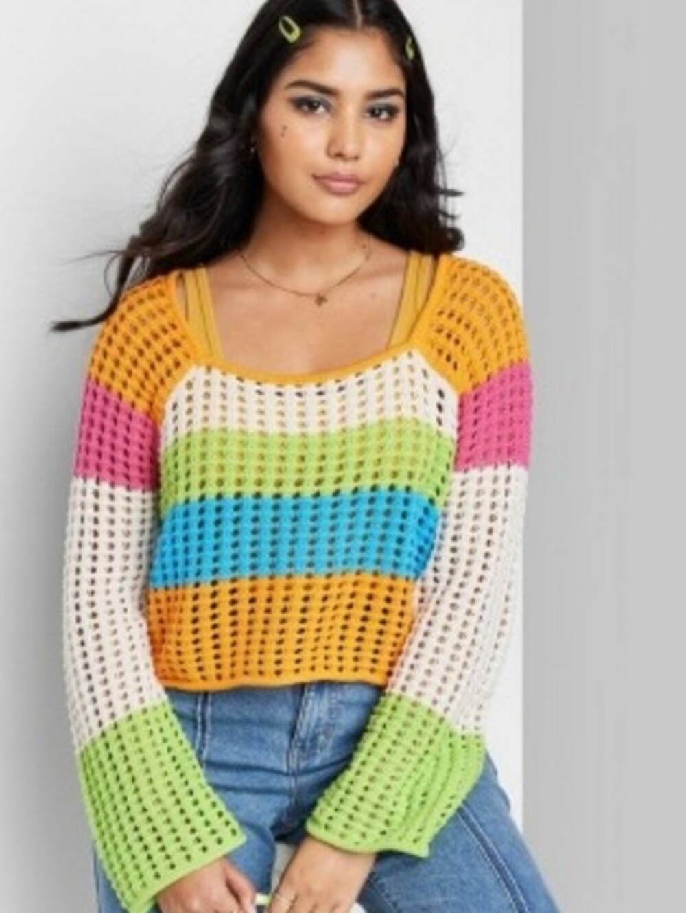 NWOT wild fable Large Multicolor Open-Knit Scoop Neck Stripe Crochet Top